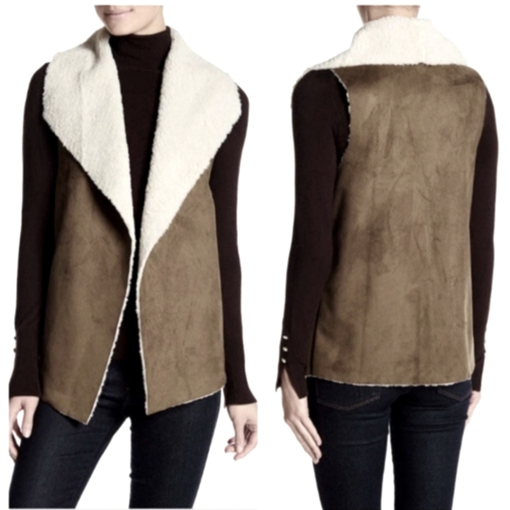 Madison & Lola Faux Shearling Green Vest, Soft Open Front 
